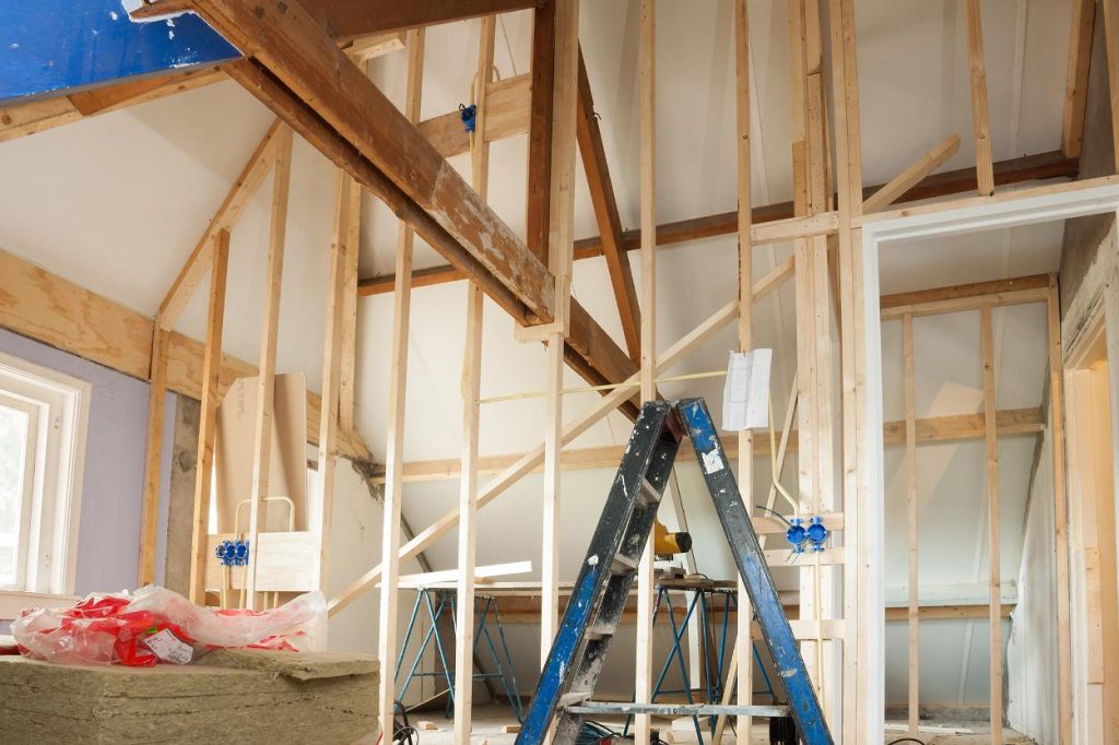 Timber stud framing during construction